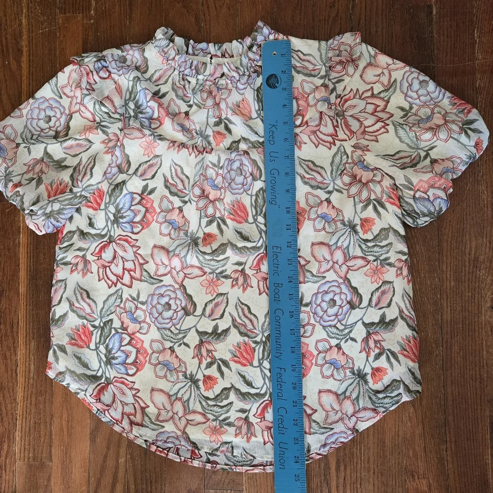 LOFT Puff Sleeve Floral Babydoll Blouse Size S Colorful Ruffle Neck Gardencore